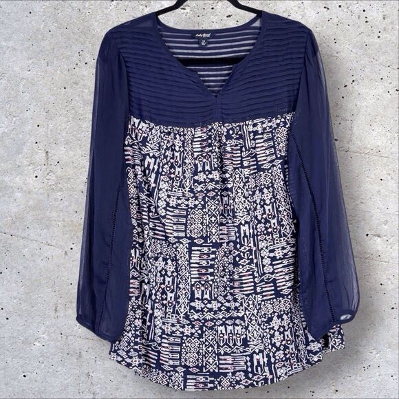 Lucky Brand Top Pintuck Split Neck Women’s 1X Blue Flowy Boho Blouse Semi Sheer - Picture 1 of 8